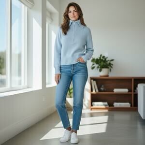 Ralph Lauren Polo Jeans Sweater Sz L Cotton Sweater Half Zip Chunky Light Blue